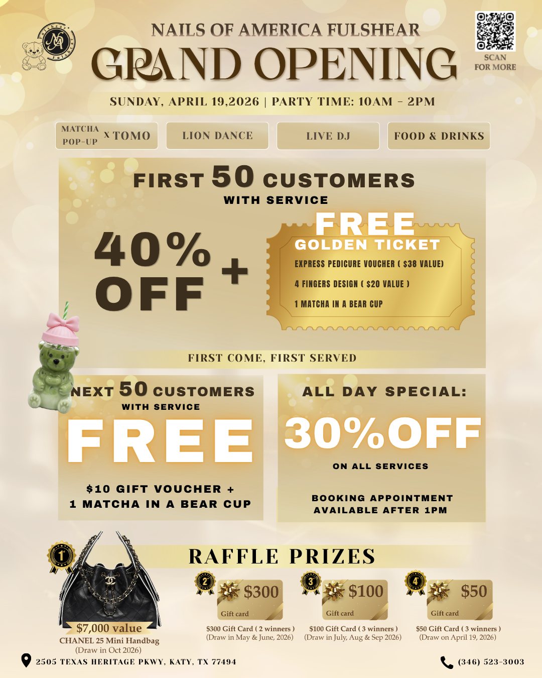 Nails of America Fulshear Grand Opening - Sunday, April 19, 2026. 40% off for first 50 customers, 30% off all day, raffle prizes!