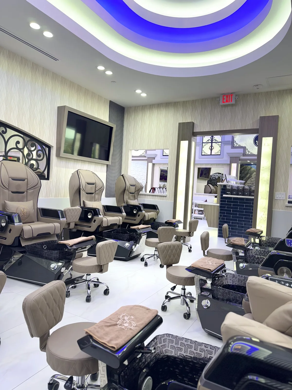 Rows of luxury massage pedicure chairs
