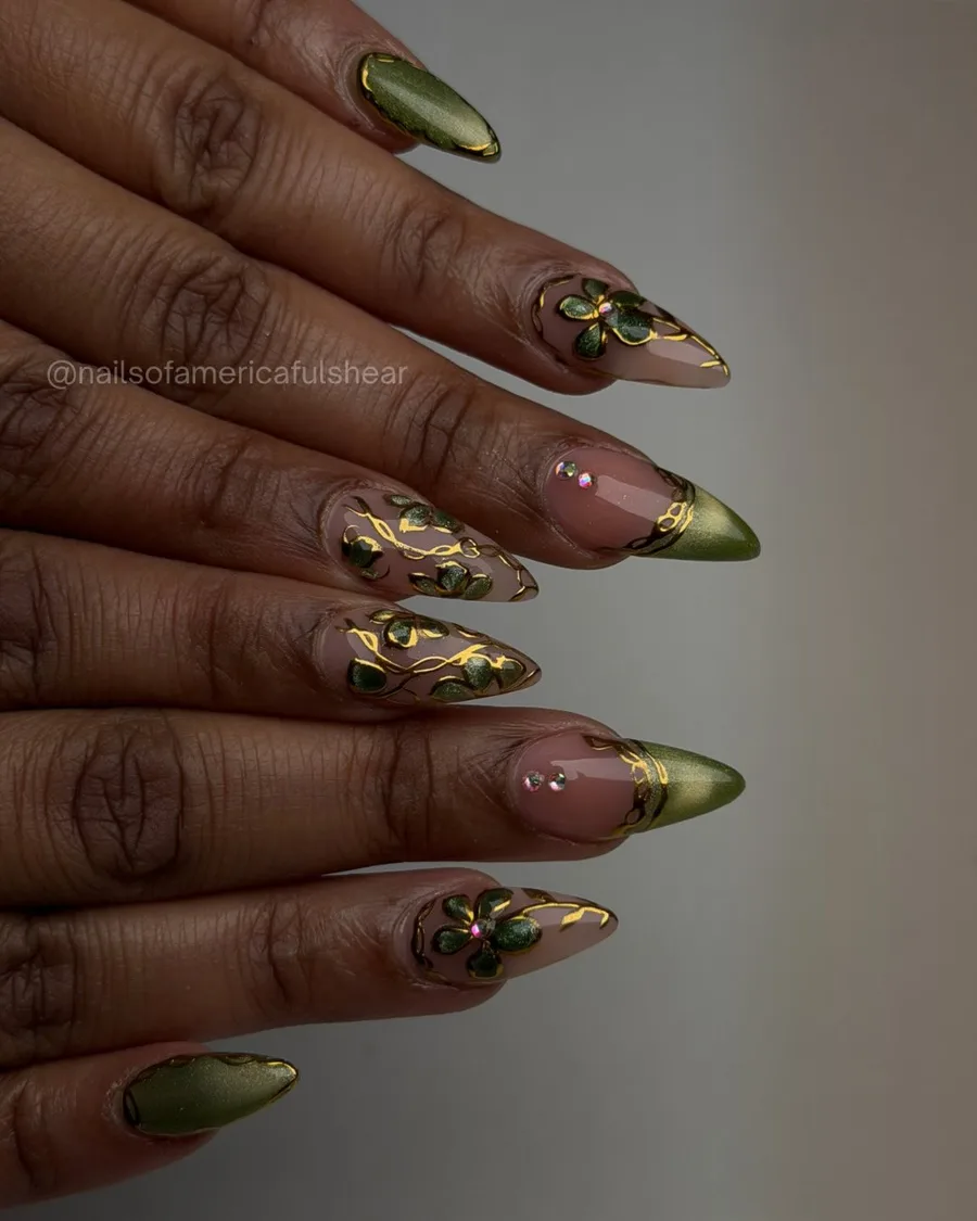 Olive chrome nails on an almond shape
