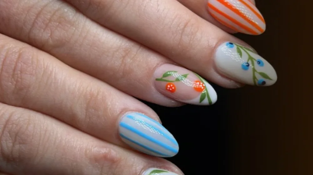 Pastel French tips with hand-painted cherries