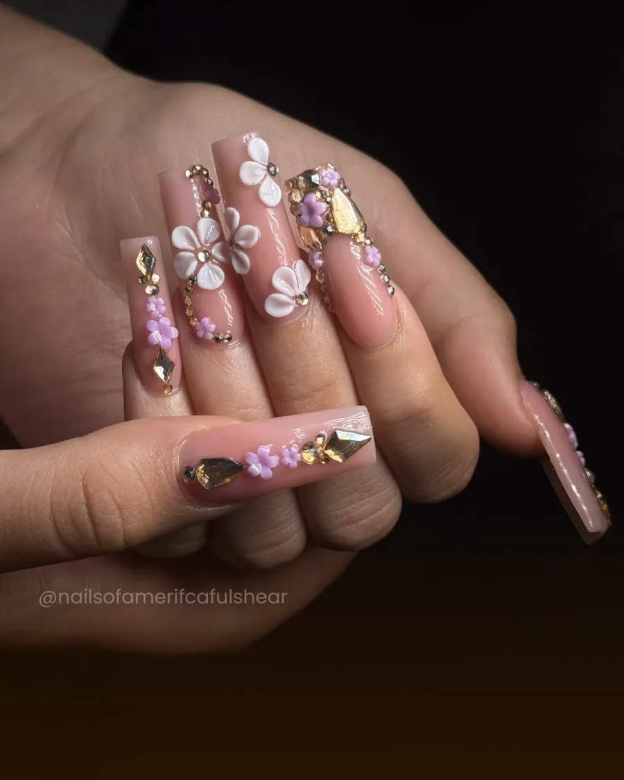 Sculpted nails with 3D florals and rhinestones