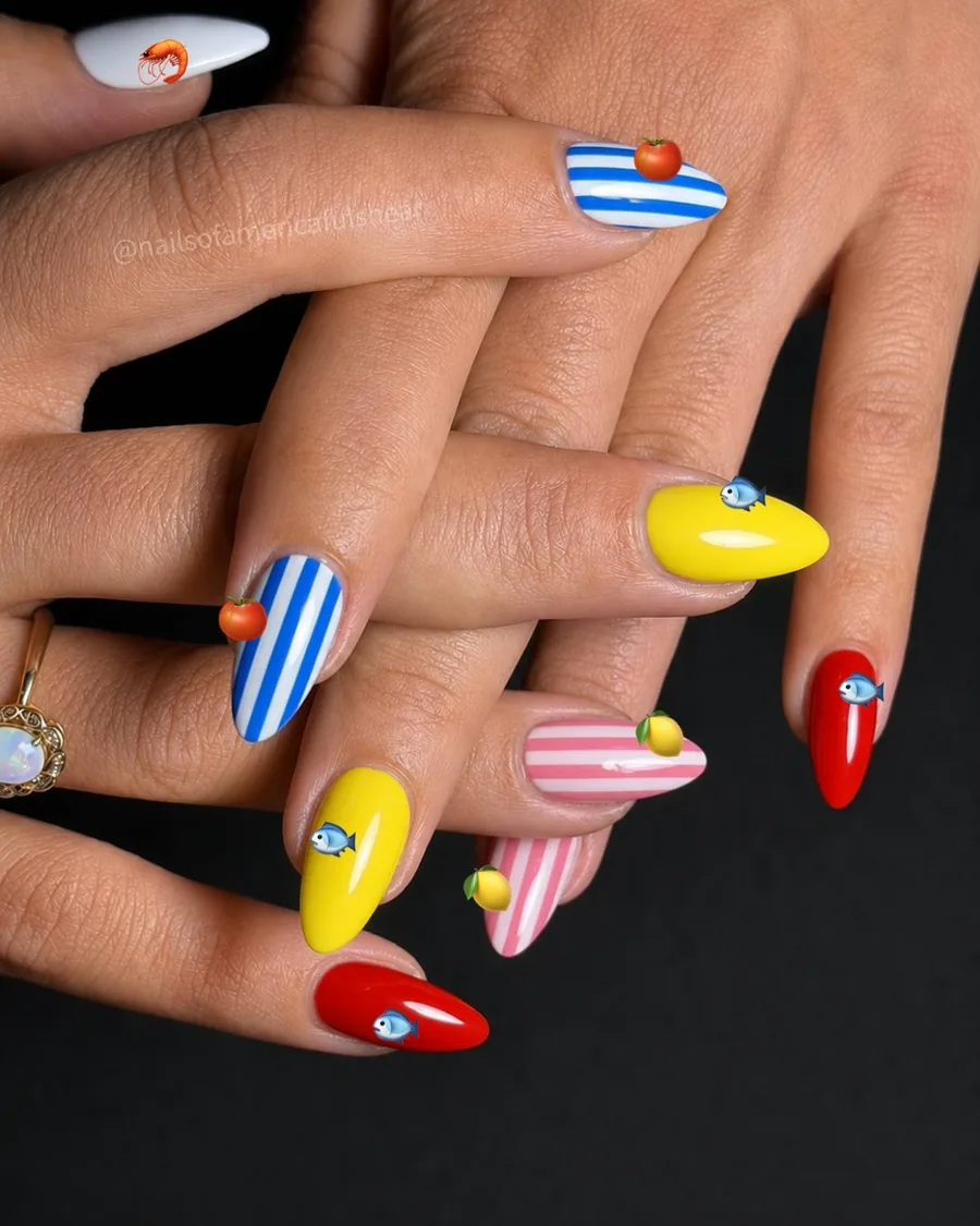 Pop-art nails in blue, yellow and red