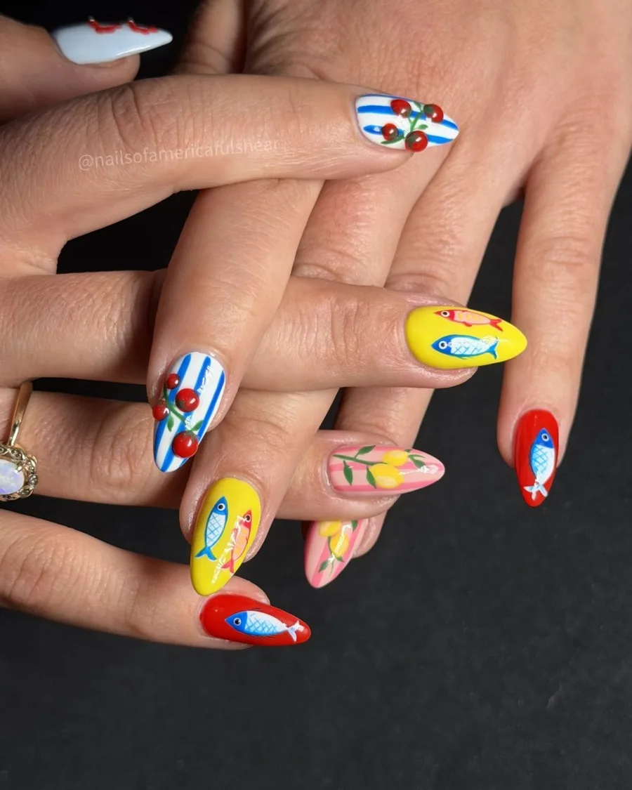 Nautical hand-painted fish nail art